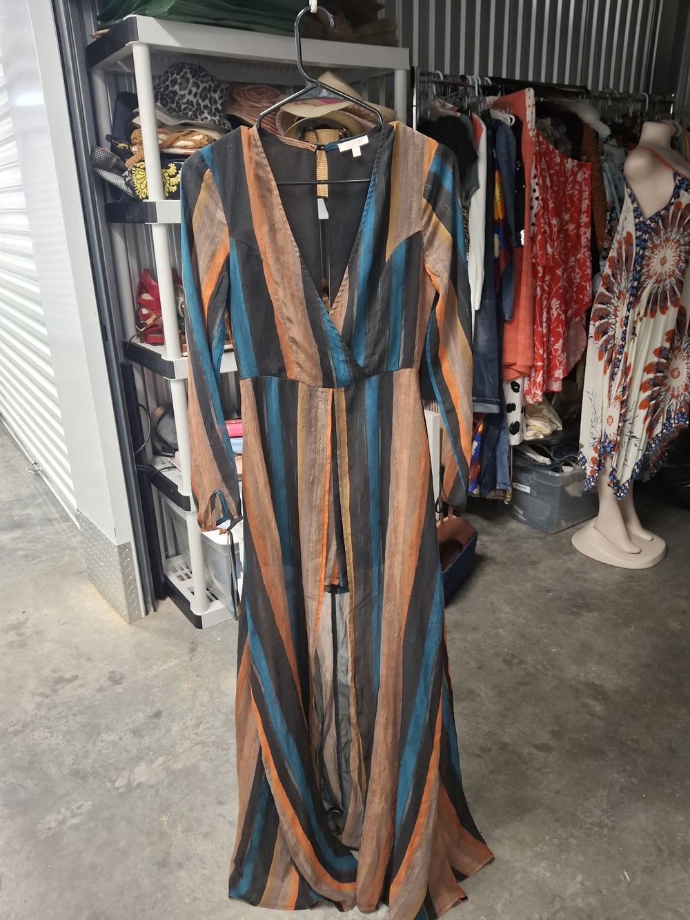 Luxxel Striped Romper  in Teal, Rust & Black